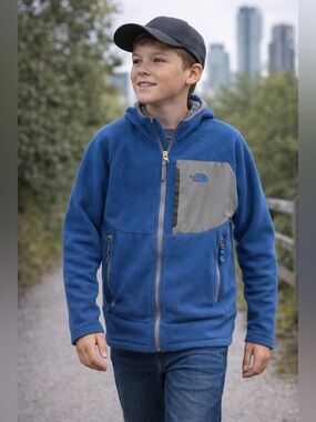 The North Face Boys Fleece Jacket Large Blue Hooded Full Zip Sherpa Lined Coat